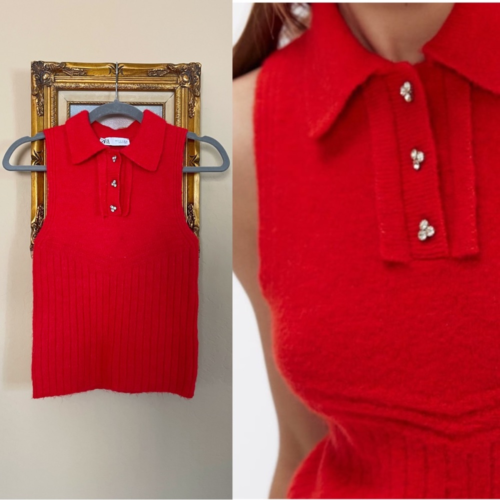 ZARA Bright Red Soft Fuzzy Knit Sleeveless Polo Top w/ Jewel Buttons Sz S